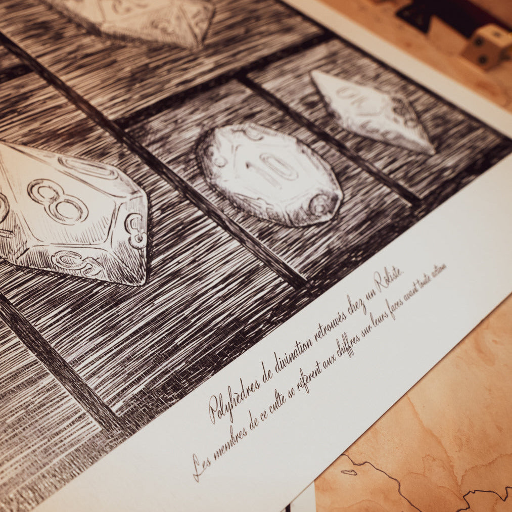 Illustration représentant les dés utilisés dans les jeux de rôles, réalisée par Arn. L'illustration s'accompagne d'une phrase mettant en scène ces dés comme un vestige archéologique d'un groupe d'humain étranges appelés Rolistes et utilisant ces objets comme outils de divination.