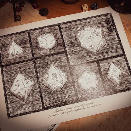 Illustration représentant les dés utilisés dans les jeux de rôles, réalisée par Arn.